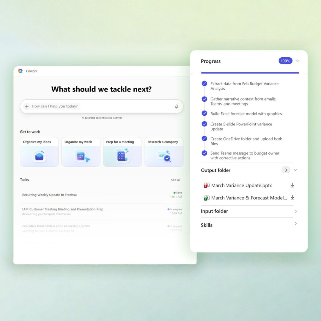 Copilot Cowork interface, with an introduction screen and progress bar