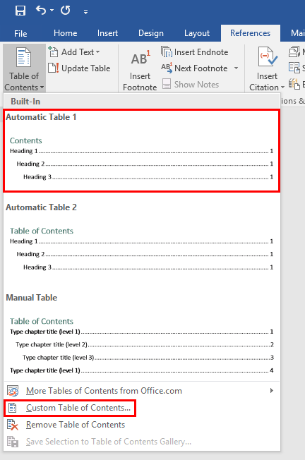 insert table reference in word