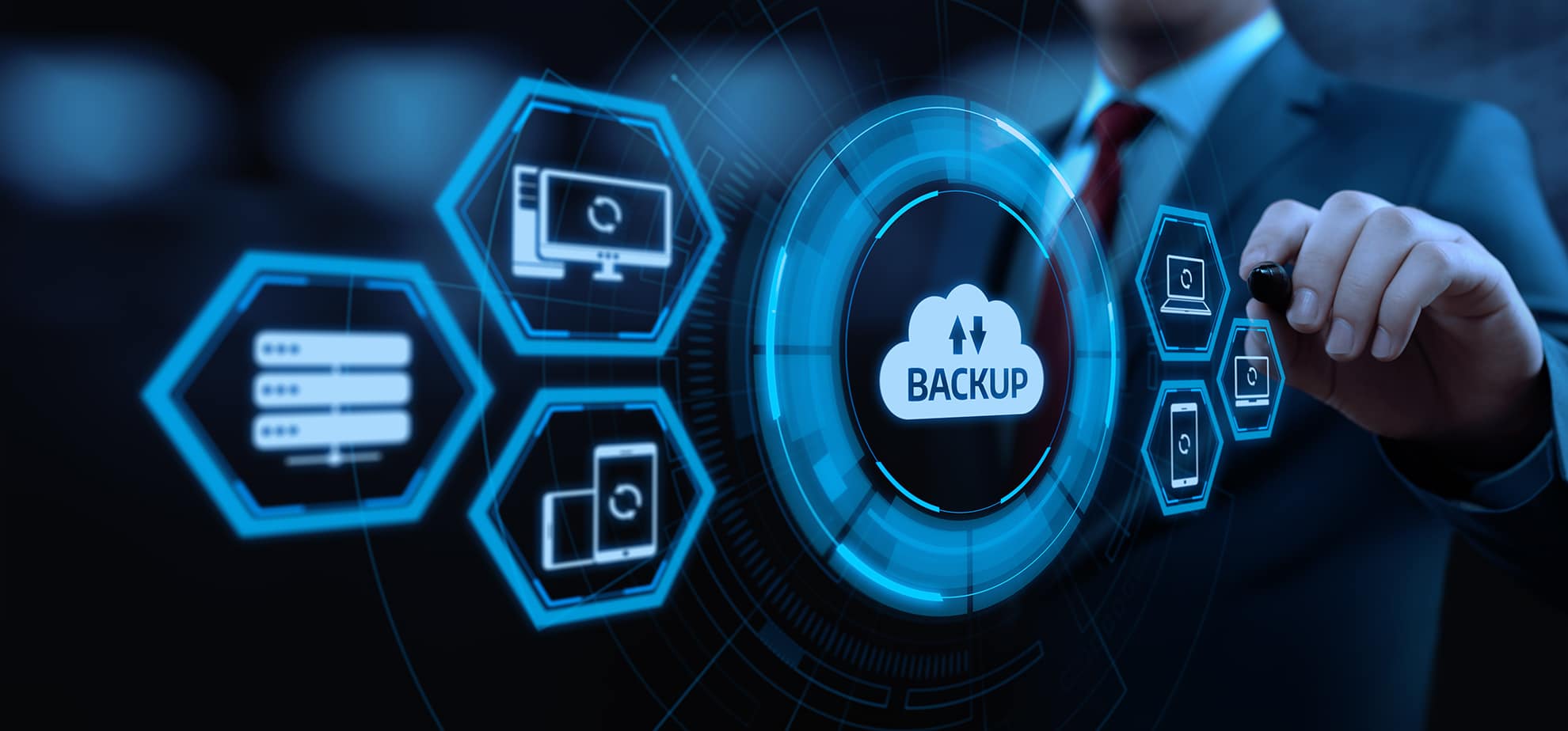 graphic depicting a businessman starting a cloud backup. For SpireTech.com, managed IT services in Portland, OR.