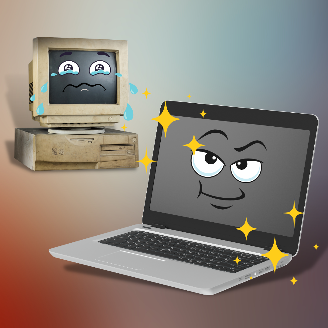 Creative take of modern vs basic authentication: a modern laptop sparkles, while an outdated desktop computer cries.