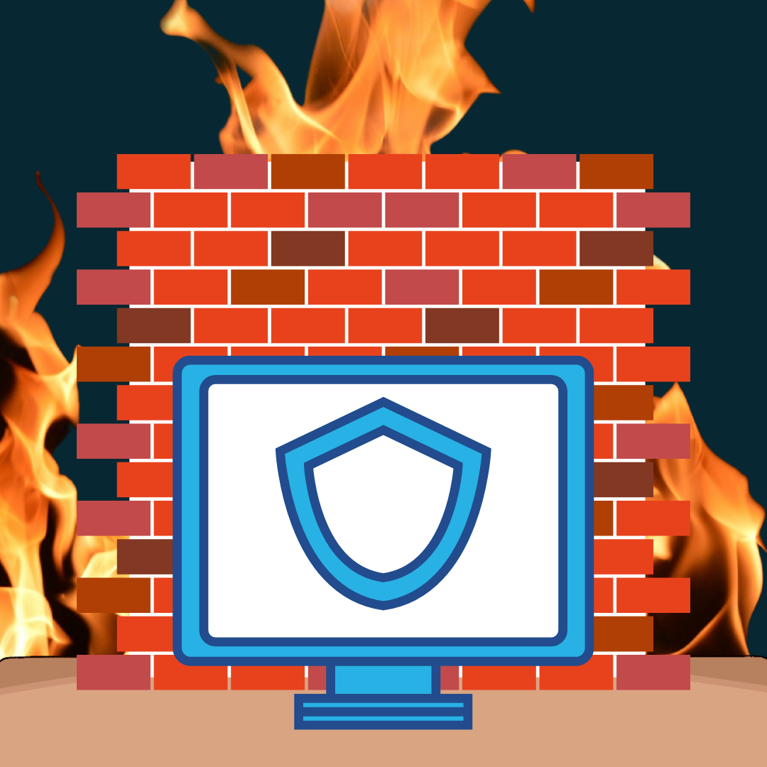 Fire with a brick wall in front of it, protecting a desktop computer