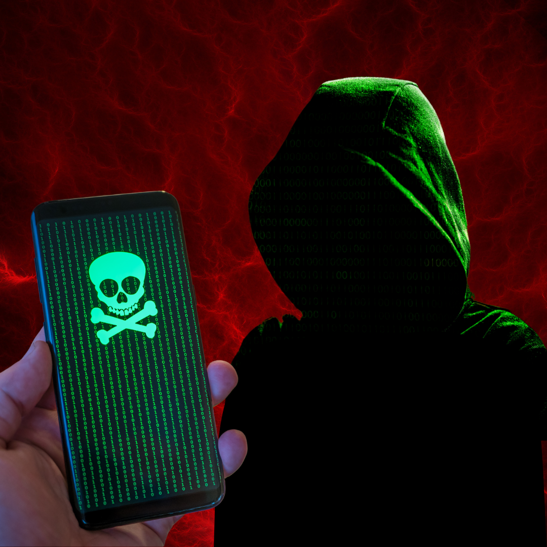 Warning against SMS Phishing. Victim standing in front of a hooded hacker. 