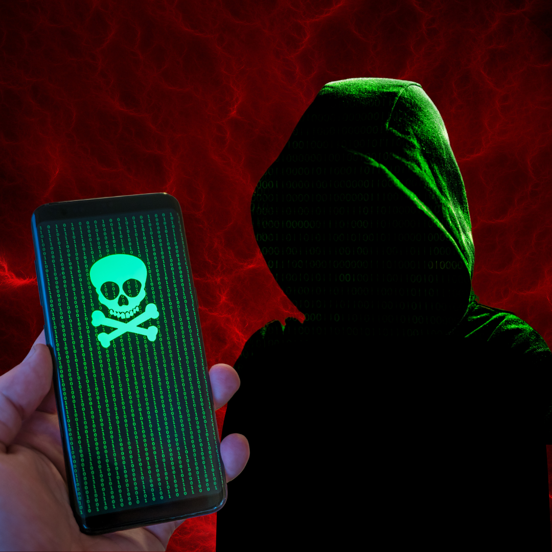 SMS Phishing Victim Hhacked! Warning against SMS Phishing. Victim standing in front of a hooded hacker.