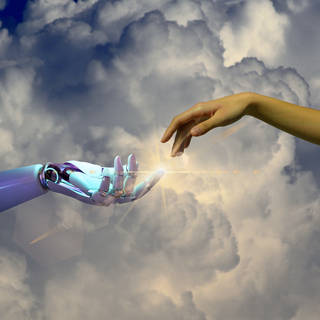 Riff on "The creation of adam," a human arm reaches out to a robot one against dramatic clouds. Tech Trends for 2023
