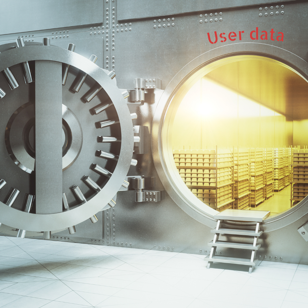 Creative rendition of stealing user data: a bank vault with the door wide open, and a sign advertising where to go. SpireTech. 