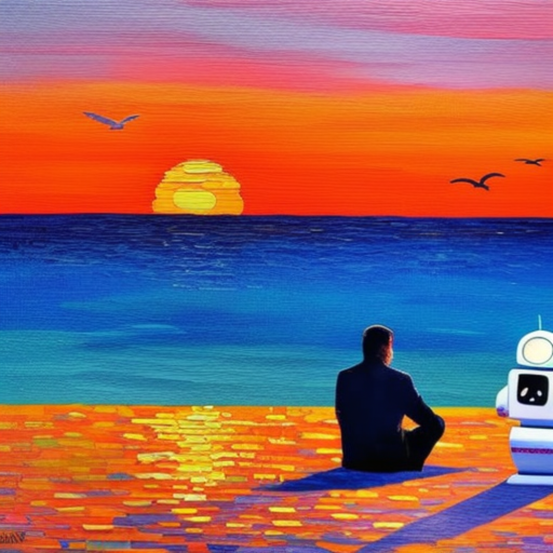 This image was made with AI. A person and a robot, sitting on a beach, looking at a fiery sunset. SpireTech in Portland, Oregon. Outsourced IT services.