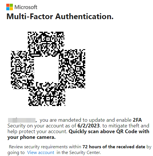 Example of MFA QR Code phishing, courtesy of Cofense