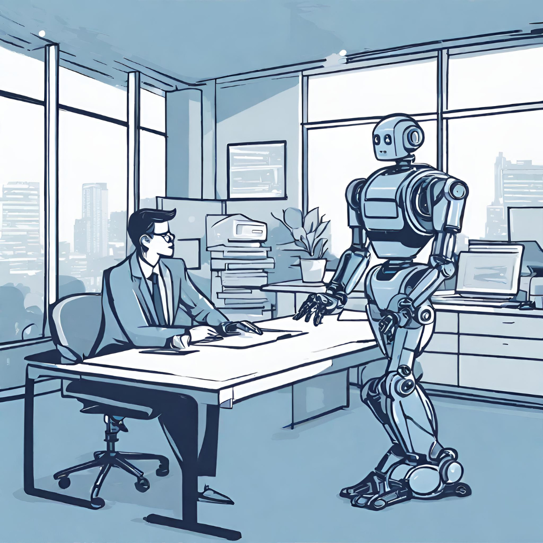 A humanoid robot talking to a man in a suit in a corner office.