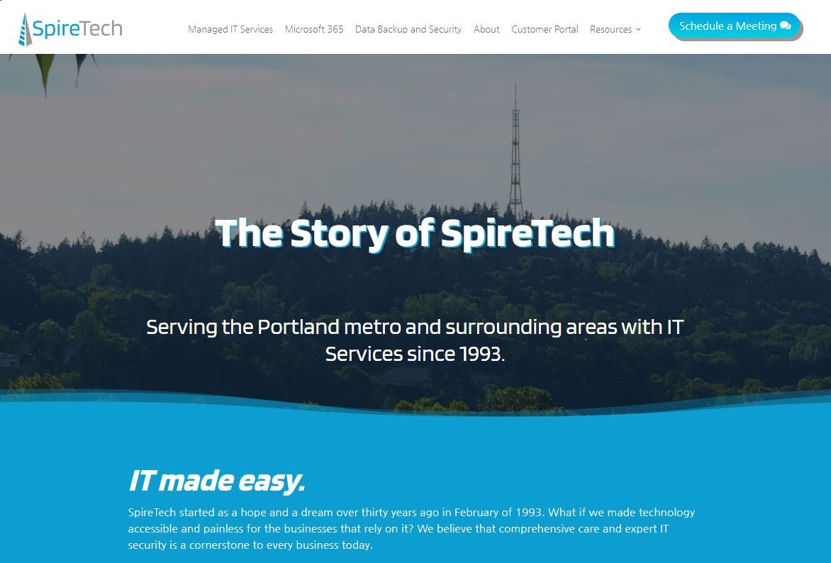 a screenshot of SpireTech's About page. Header text: The Story of SpireTech: Serving the metro and surrounding areas with IT Services since 1993