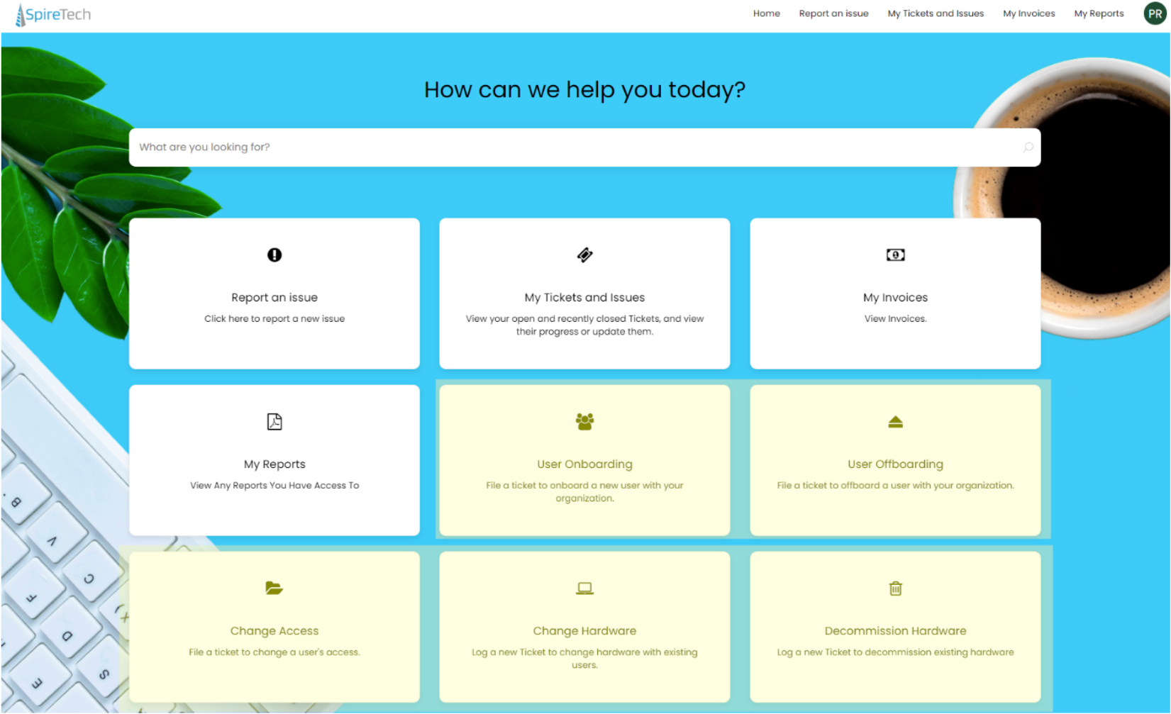 A screenshot of the SpireTech client portal, with the new options: User Onboarding, User Offboarding, Change Access, Change Hardware, Decommission Hardware