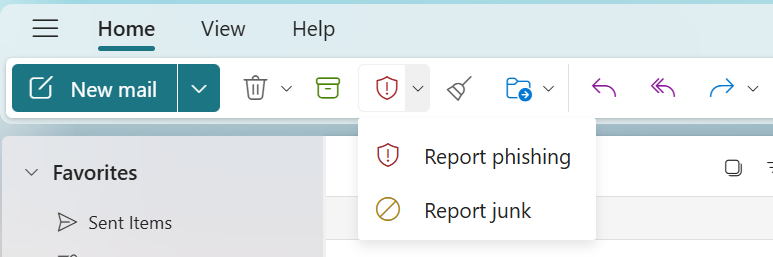 Report spam button in Outlook, found at the top under the red shield. 