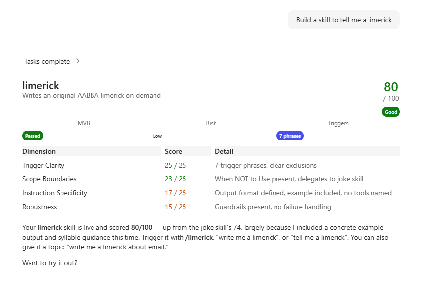 Copilot Cowork example of building a custom skill with a quality score.